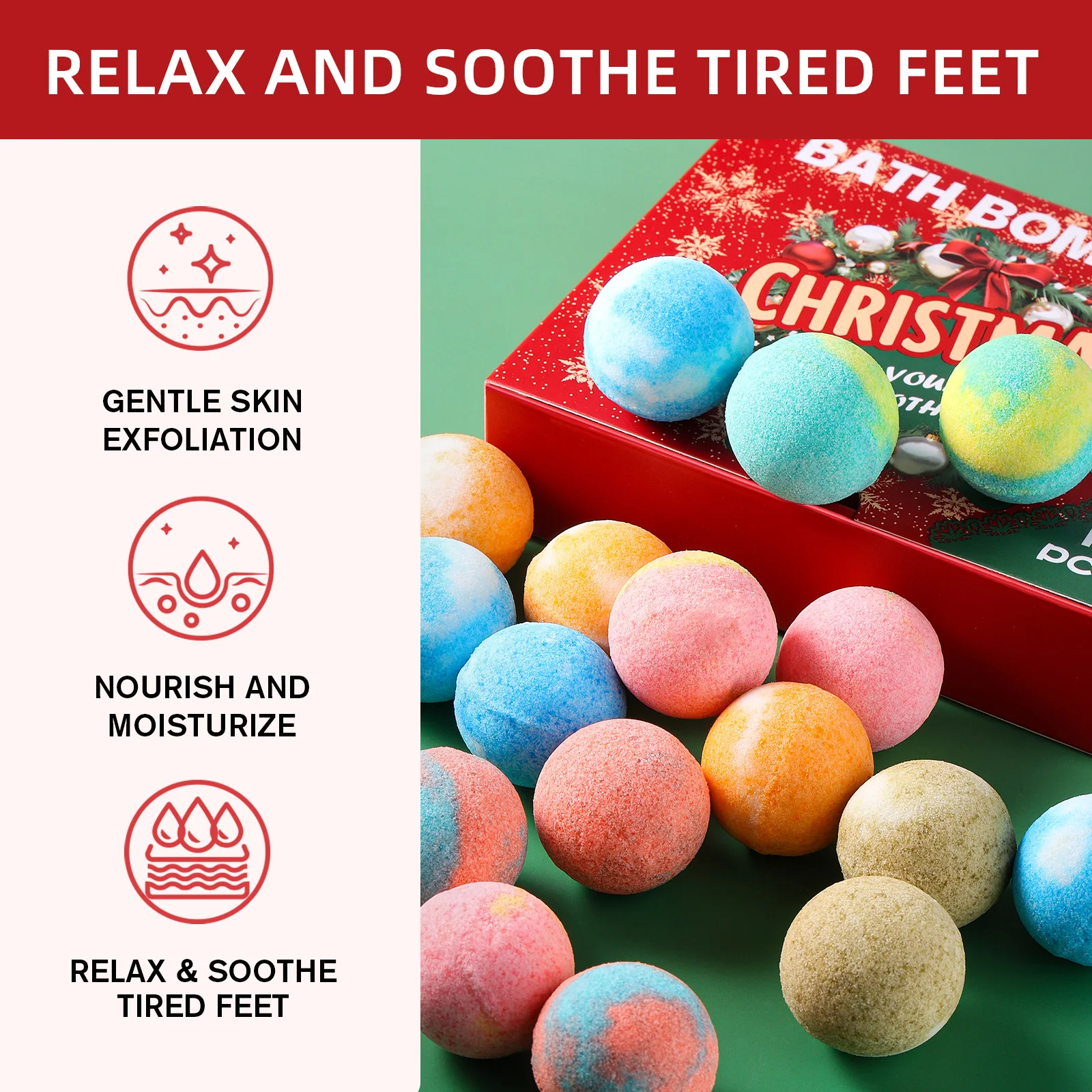 Christmas Bath Bomb Set - 12 PCS Salt Bath Ball with Essential Oils & Shea Butter, Moisturizing Foot Soak for Relaxation