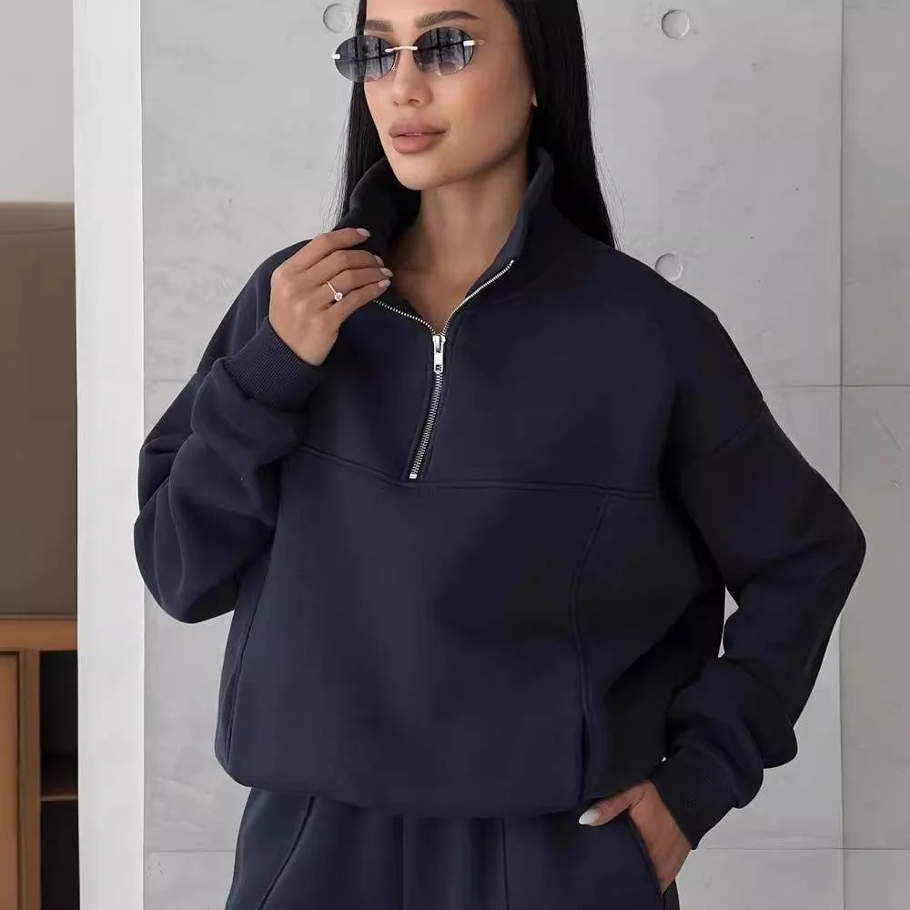 2023 Casual Faion Splicing Thiened Long Sve Sweatirt Pants Set Women's Polyester Fiber Pure Color Tee-piece Set