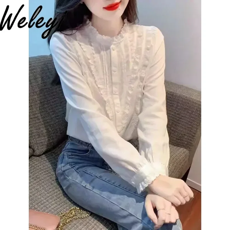 

Sweet Women Camisas E Blusas Autumn and Winter Streetwear Versatile New Round Neck Long Sleeved Lace Chiffon Shirt Backing Tops