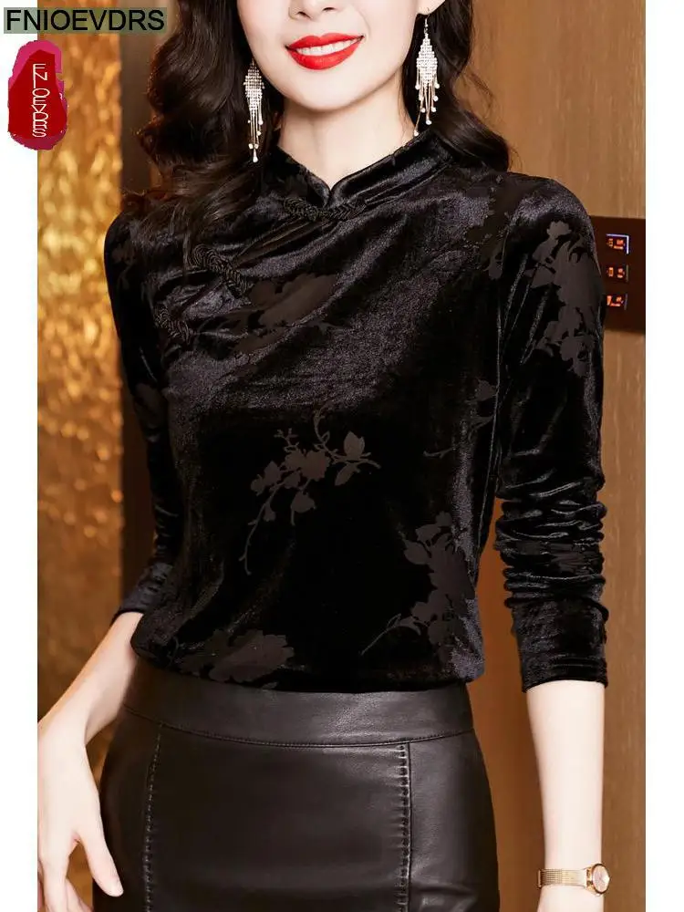 S-2XL Women Winter Spring Basic Shirt Wear Elegant Office Lady Stand Ruffles Retro Vintage Black Tops And Blouses