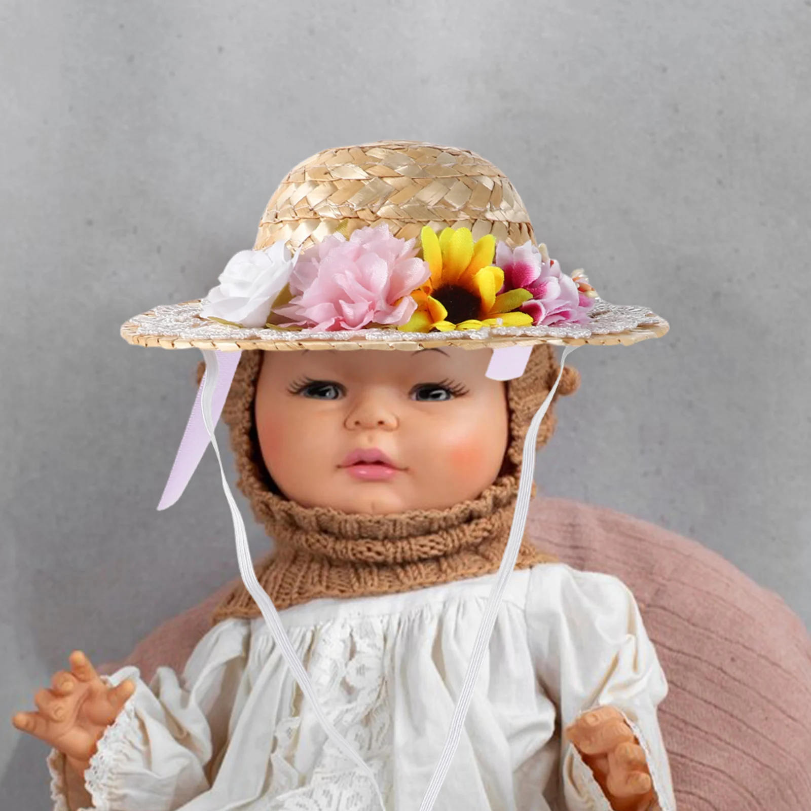 

15.5cm Bohemian Grass Hat Bowknot Decorative Craft Accessory Mini Straw Hats for Dollhouse Display Collectibles