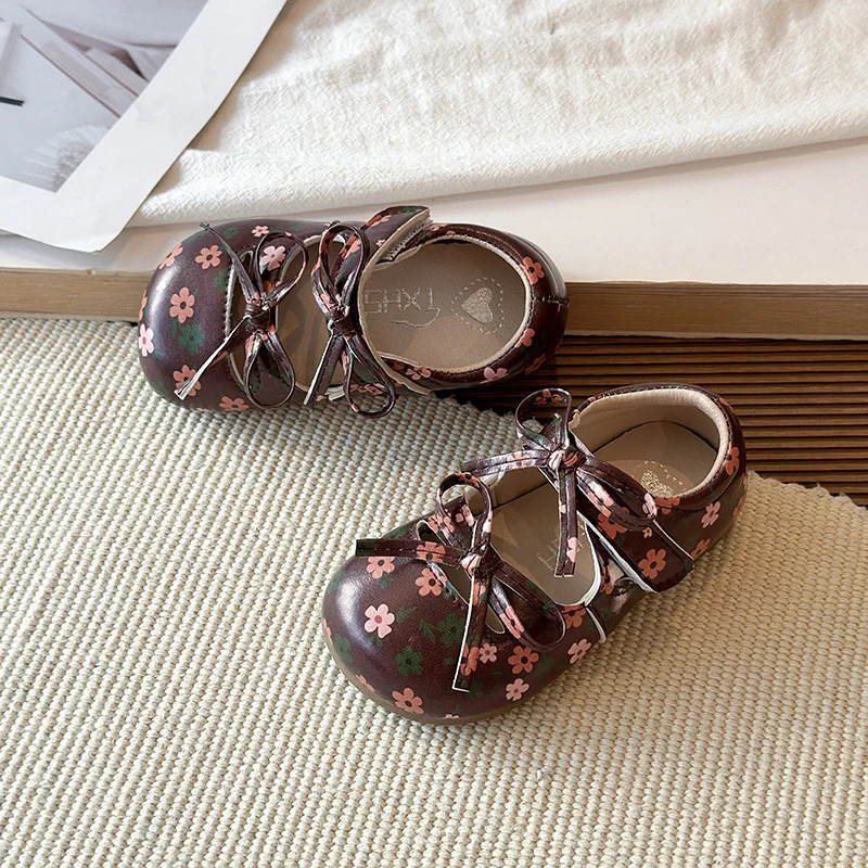 Mumoresip Kids Leather Shoes Sweet Bowknot Children Floral Mary Jane Shoes Non-slip Soled Wedding Party Baby Girls Flat Shoes