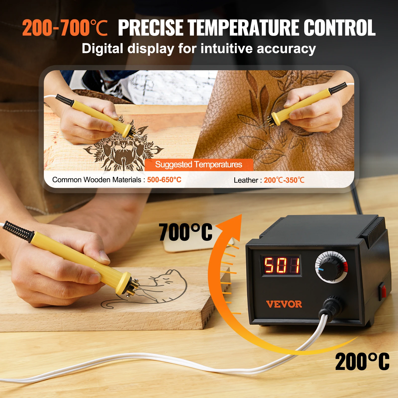 VEVOR Wood Burning Kit 200-700°C Adjustable Temperature with Display Wood Burner with 1 Pyrography Pen 1 Pen Holder 23 Wire Nibs