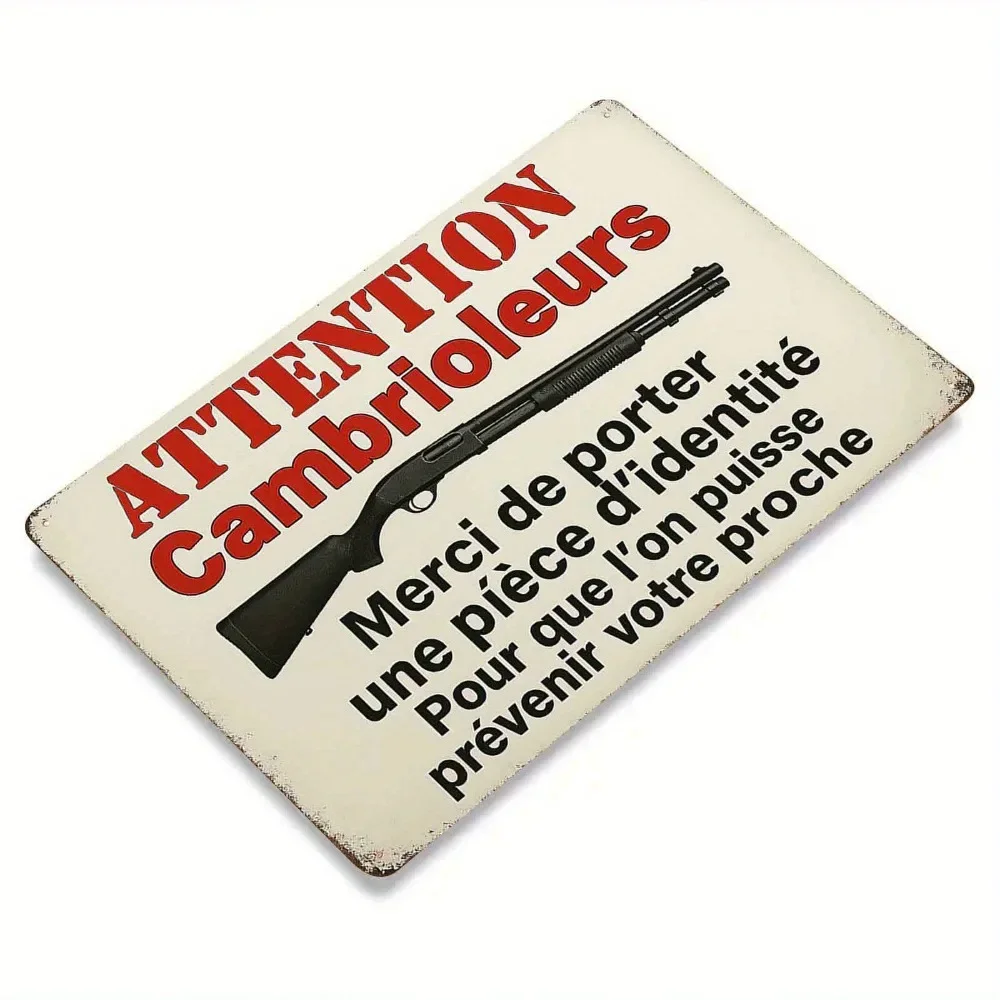 Vintage French Metal Sign Armed Thieves Warning Shotgun Graphic Retro Wall Art Decor 7.8x11.8in