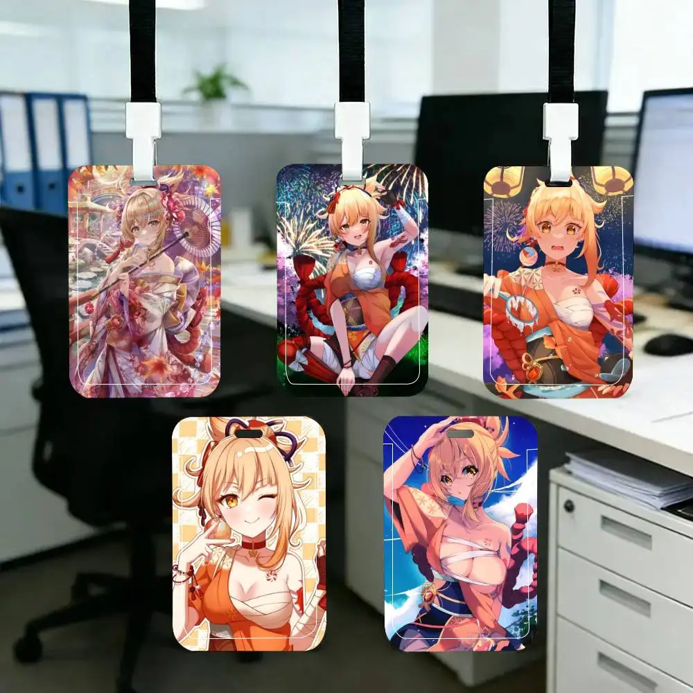 Genshin Impact Yoimiya Game ID Card Holder Neck Strap Pendant Door Badge Holder Lanyards Keychain Work Credential Case Gift