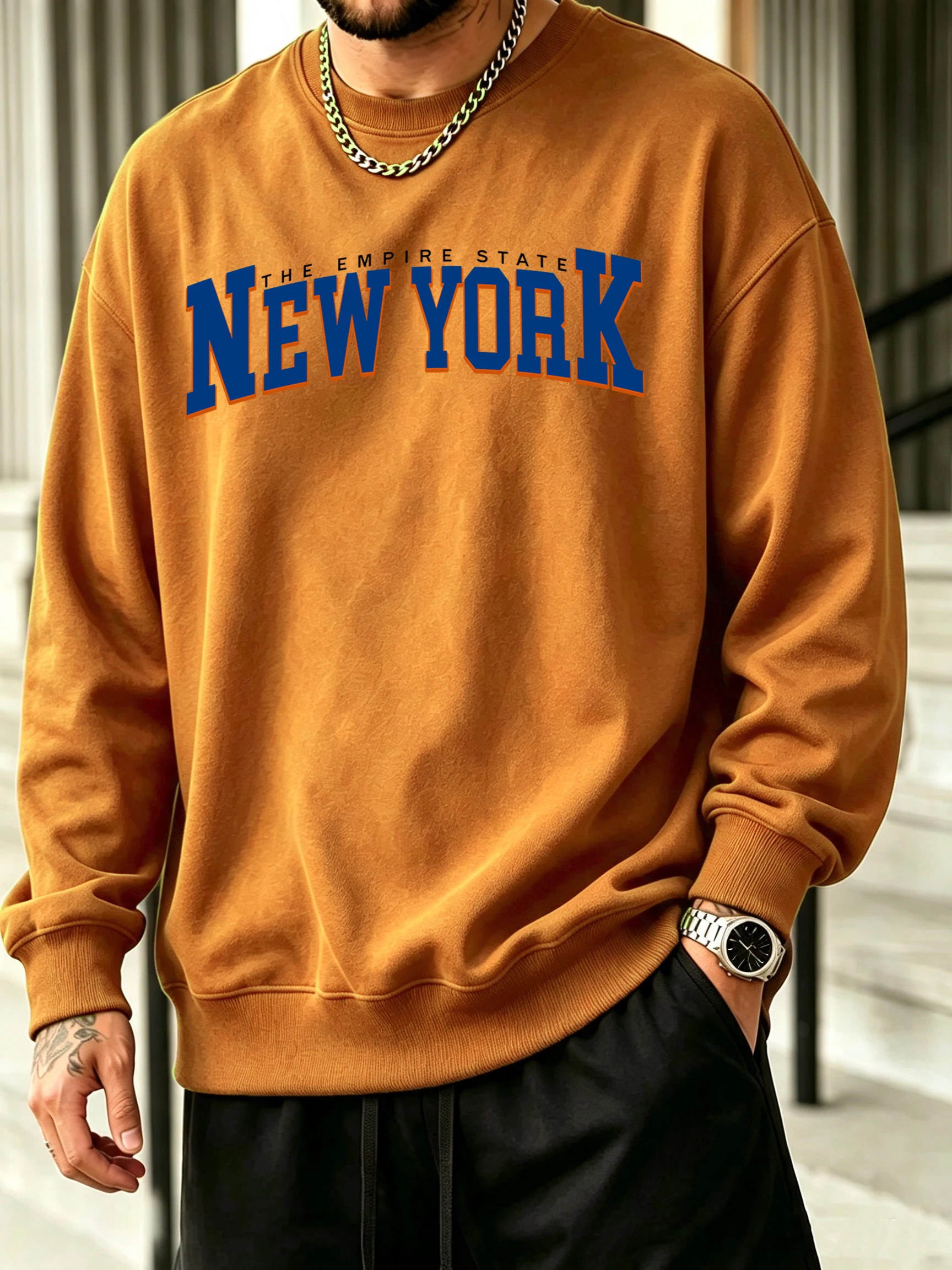 The Empire State New York Pattern Men Daily Sweatshirt Fashion Clothing Crewneck Commute Long Sleeve Unisex Soft Fleece Pullover