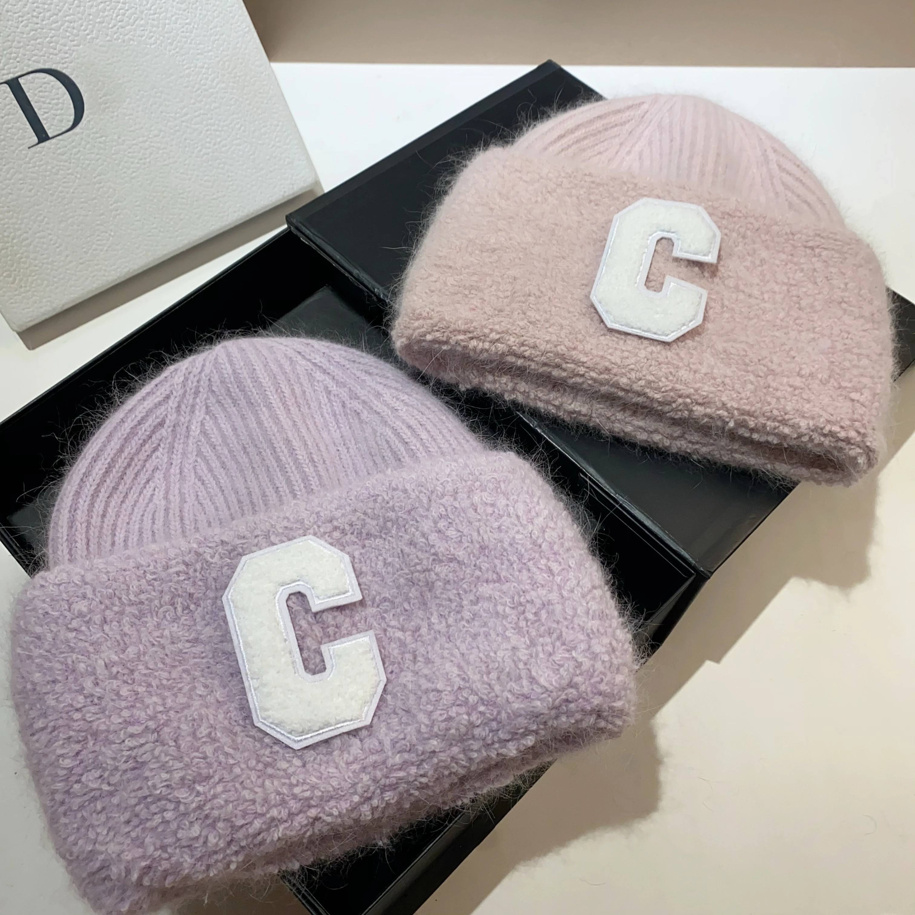 

C letter Angora long rabbit hair knitted hat Korean version sweet age-reducing woolen hat autumn and winter outdoor warm ear pro