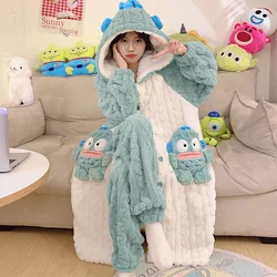 Sanrioed Hangyodon Anime Women 2Pcs Plush Pajama Set Kawaii Cartoon Winter Thicken Hooded Long Style Home Clothes Nightgown Warm