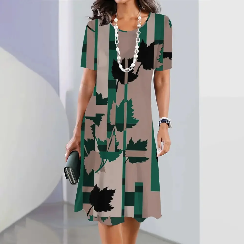 Women's T-shirt Dress Fashionable Flower Print Round Neck Short Sleeved Beach Cover Knee Length Dress Female  Vestidos Elegantes