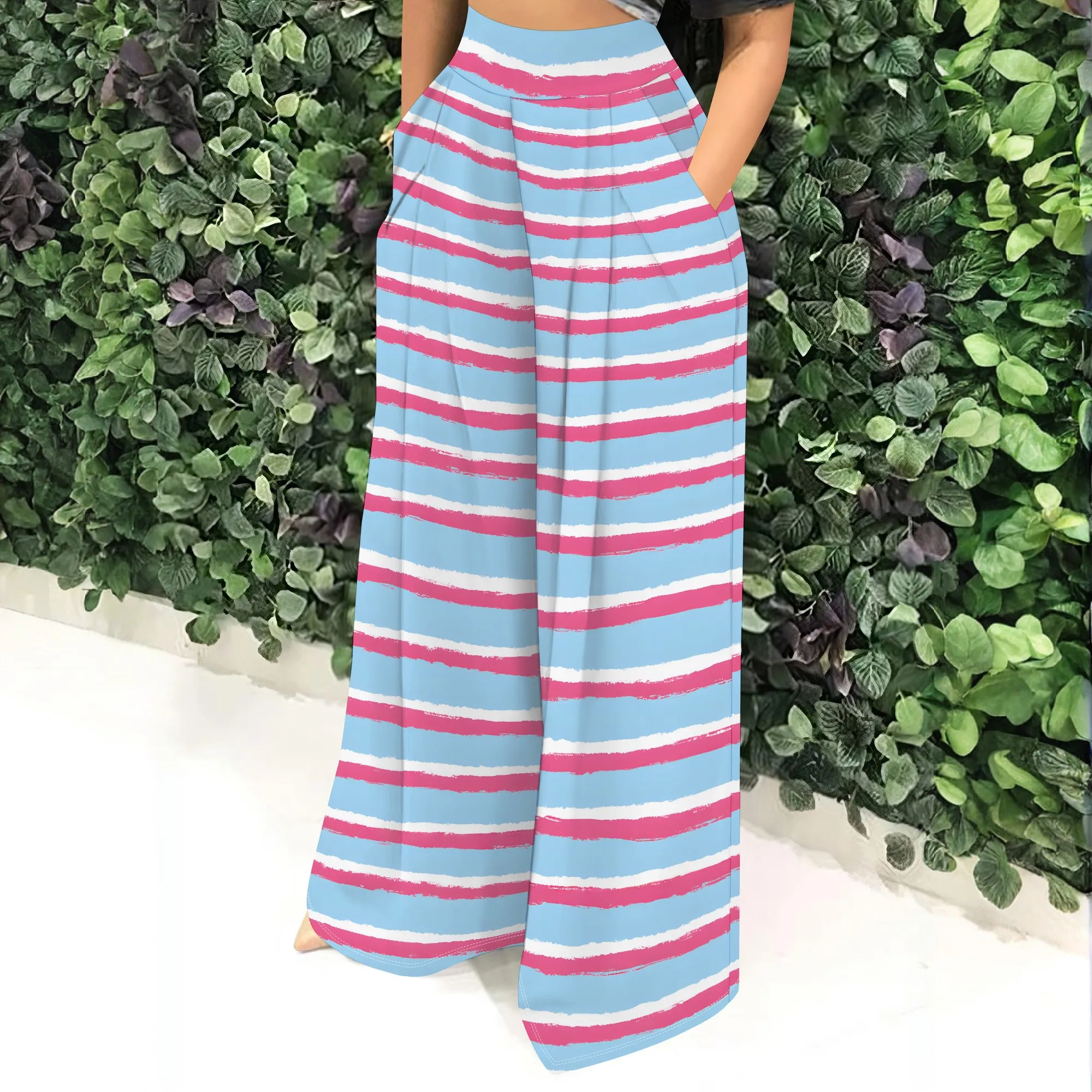 Striped Wide Leg Pants, High Waist Trousers, Casual Palazzo Pants with Pockets, Summer Beach Wear for Women, S-2XL
