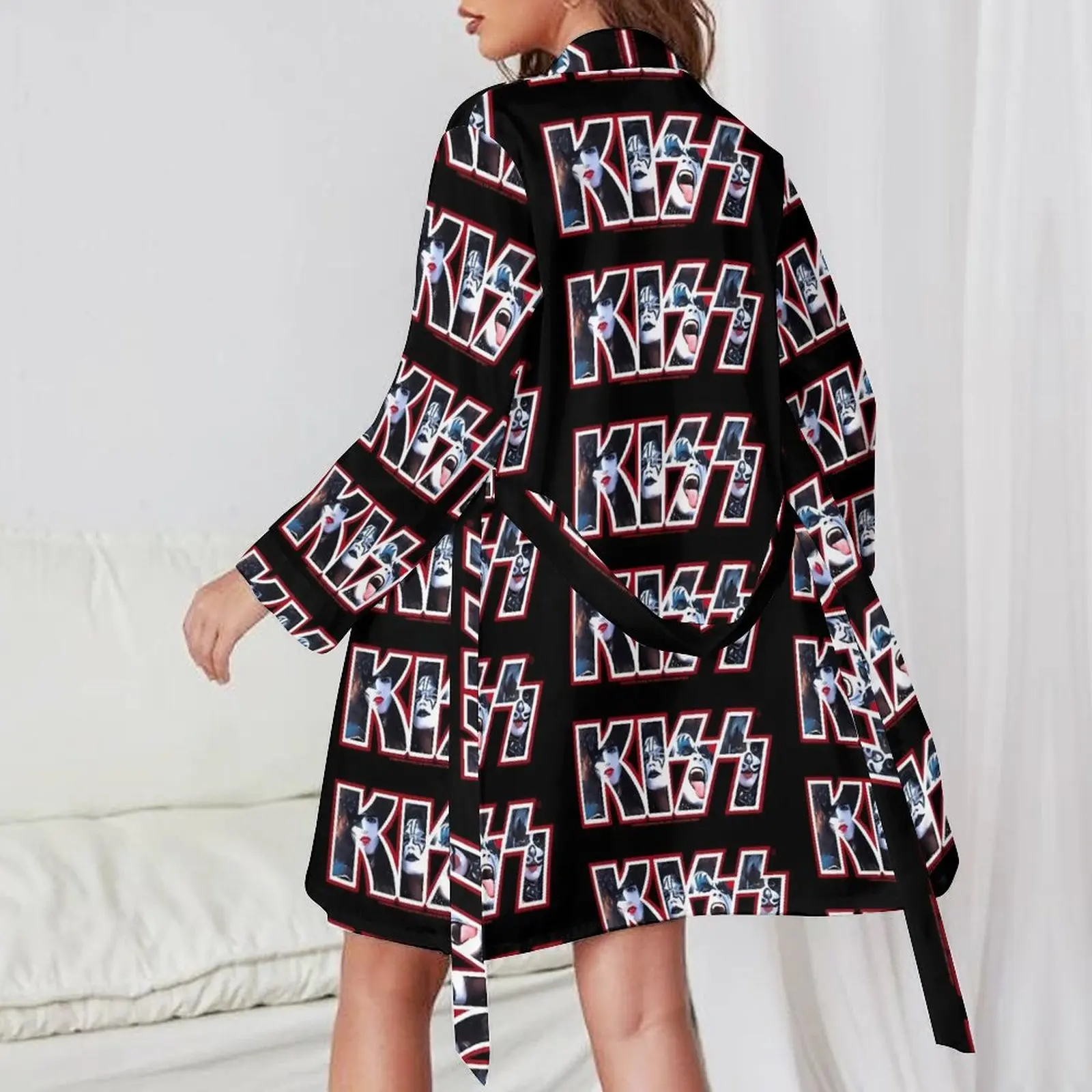 Kiss Band Photo Logo Pajama Robe Rock Band Long-Sleeve Sleep Pajamas Robes Women V Neck Sexy Nightgown Spring Printed Dress