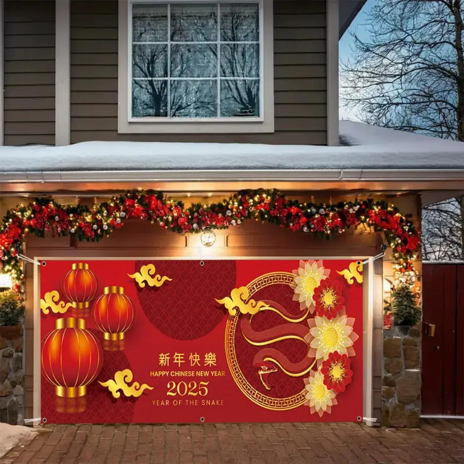 Chinese New Year 2025 Polyester banner Garage door mural Red lantern and Year of Snake totem multi-functional decoration.