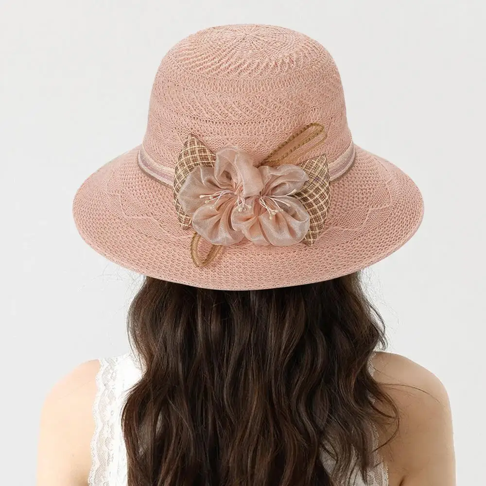 عادية الحلو دلو القبعات الصيف الشمس حماية قبعة قبعة للشاطئ القوس الزهور القش قبعة طوي في الهواء الطلق قبعات الشمس النساء واسعة حافة قبعة