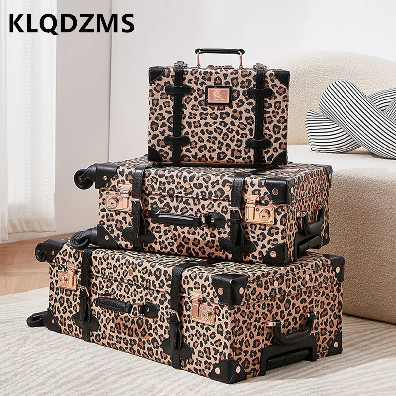 

KLQDZMS PU Suitcase Women's Retro Boarding Box Large Capacity Trolley Case 20"22"24"26"28 Inch Travel Set Rolling Luggage