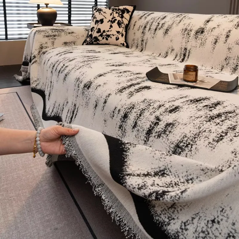 Black White Chenille Retro Ink Painting Sofa Throw Blanket Tassel Edge Breathable Washable All Season Couch Cover