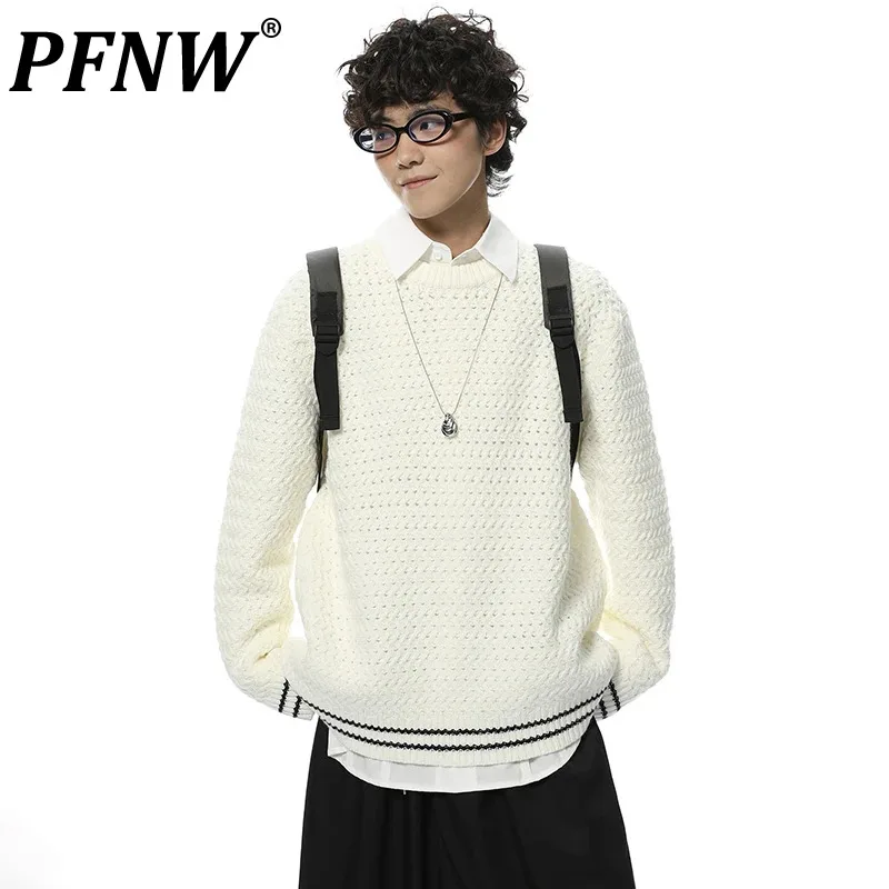 

PFNW Male Korean Art Striped Pullover Sweater New Vintage Round Neck Lazy Style Simple Loose Knitted Tops Autumn Fashion 28W4232