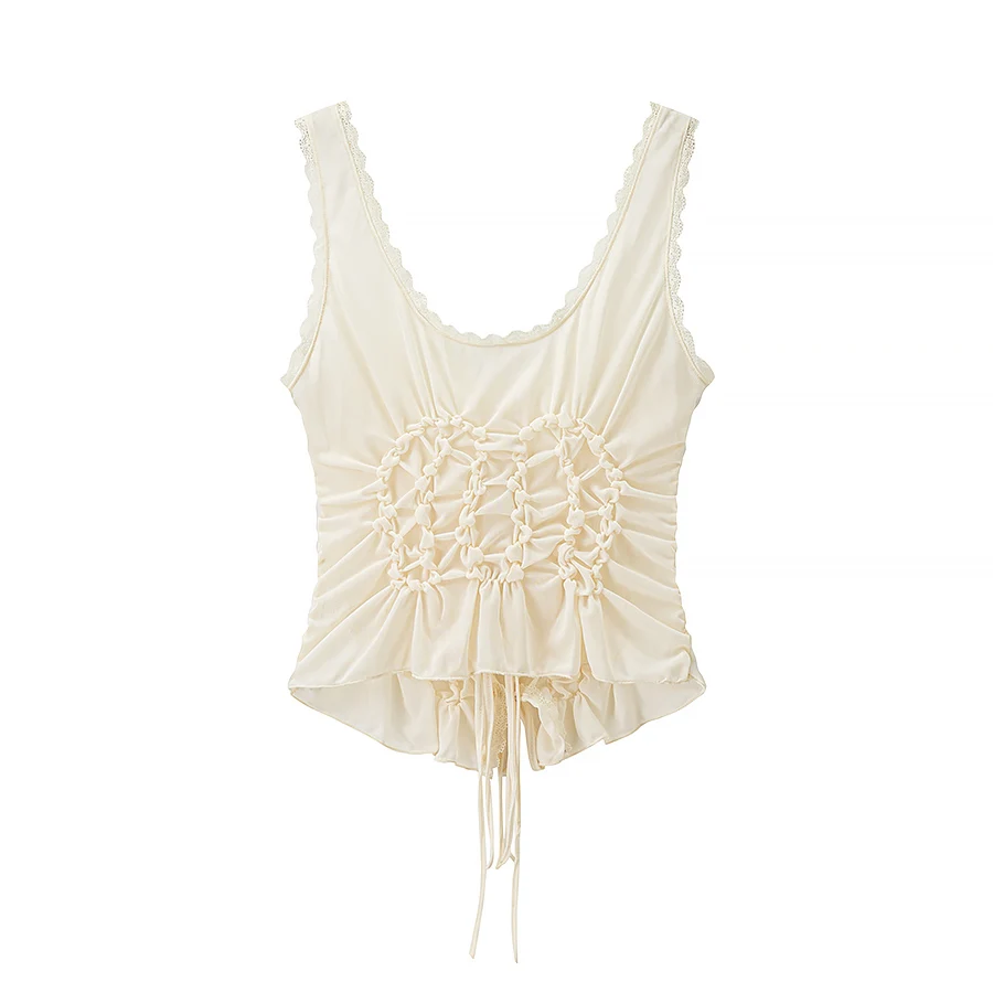 DUOPERI النساء Y2K موضة الصلبة مطوي الدانتيل يصل سليم المناسب بروتيل الأشرطة الخامس الرقبة أنثى شيك سيدة عادية تانك القمم #3