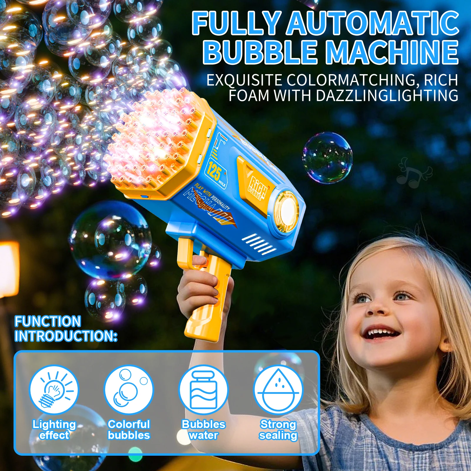 Machine à bulles 125 trous, souffleur de bulles portatif électrique automatique, pistolet à bulles, jouet cadeau d'anniversaire et de noël pour fête