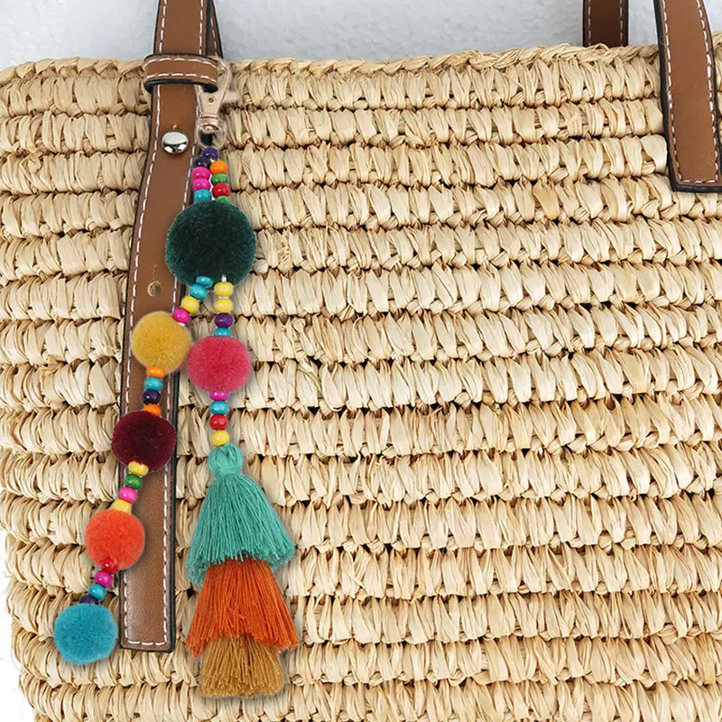 Sommer Strand Muschel Schlüsselanhänger Boho Stil Haarball Quaste Schlüsselanhänger Bunte Bommel Schlüsselanhänger für Frauen Tasche Hängende Anhänger