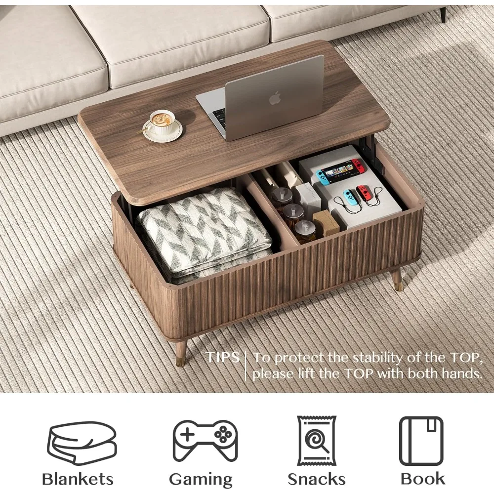 Mesa de centro elevatória com prateleira de armazenamento e compartimento oculto, mesa de jantar retangular canelada moderna de meados do século para sala de estar,