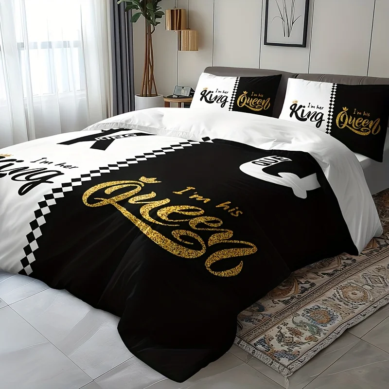 

Black Grey Crown Lettering Duvet Cover Set (1 Duvet Cover + 2 Pillowcases) High Definition Printing For Home Dorm Decor