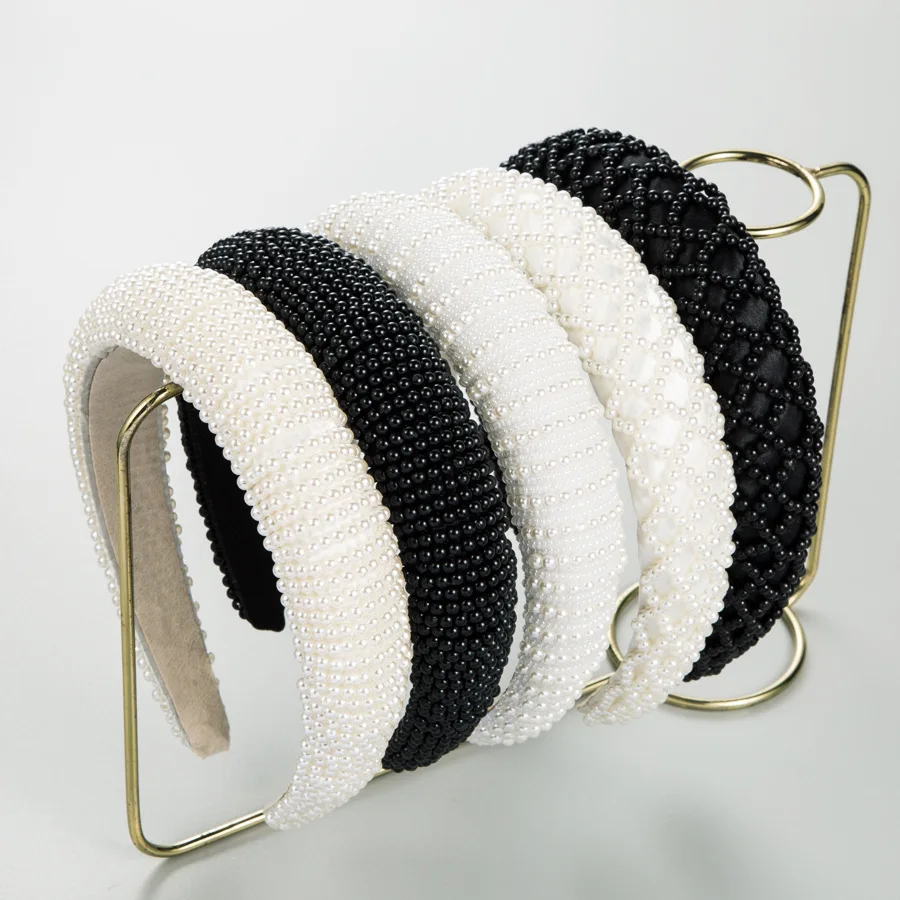 Fashion hot-selling pearl headband retro handmade sponge wide edge beaded headband fashionable fresh hair accessories wholesale