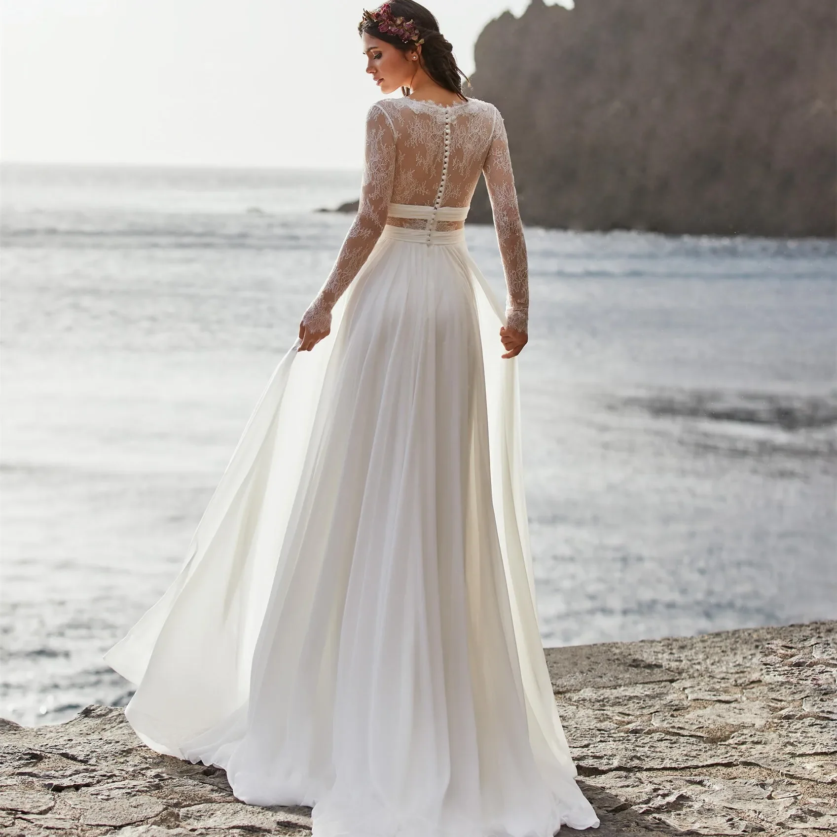 Bohemian Wedding Dress Lace Long Sleeve V-Neck Floor Length Chiffon Buttons Back A-Line Back Bridal Gowns