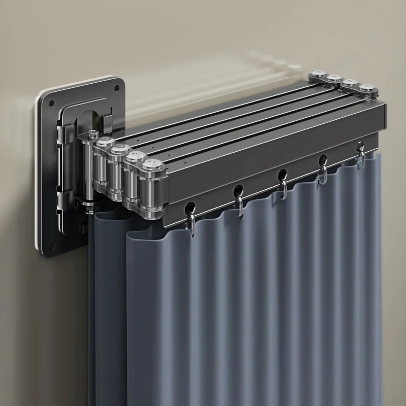 Folding Rod Shower Curtain Set Invisible Partition Bathroom Waterproof Polyester Retractable For Dry Wet Separation