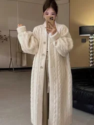 Cardigan in pelliccia da donna addensato lungo 2024 autunno inverno con scollo a v giacca sottile femminile sciolto semplice per il tempo libero con bottoni cappotto di pelliccia Casual