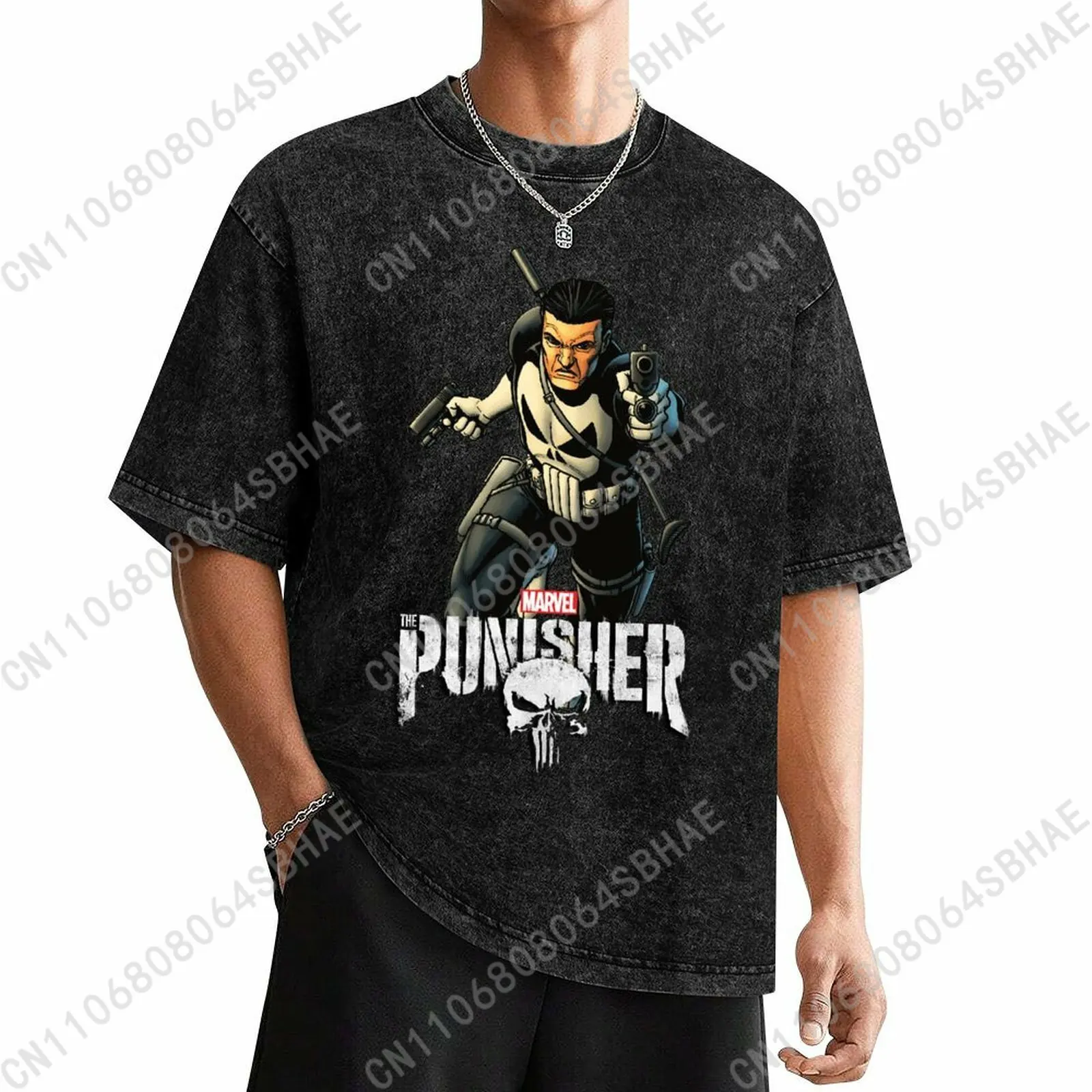 

Marvel The Punisher Custom Mens Vintage T Shirt Washed Distressed Tee Men Retro Short Sleeve Personalized Cotton Shirt Cosplay
