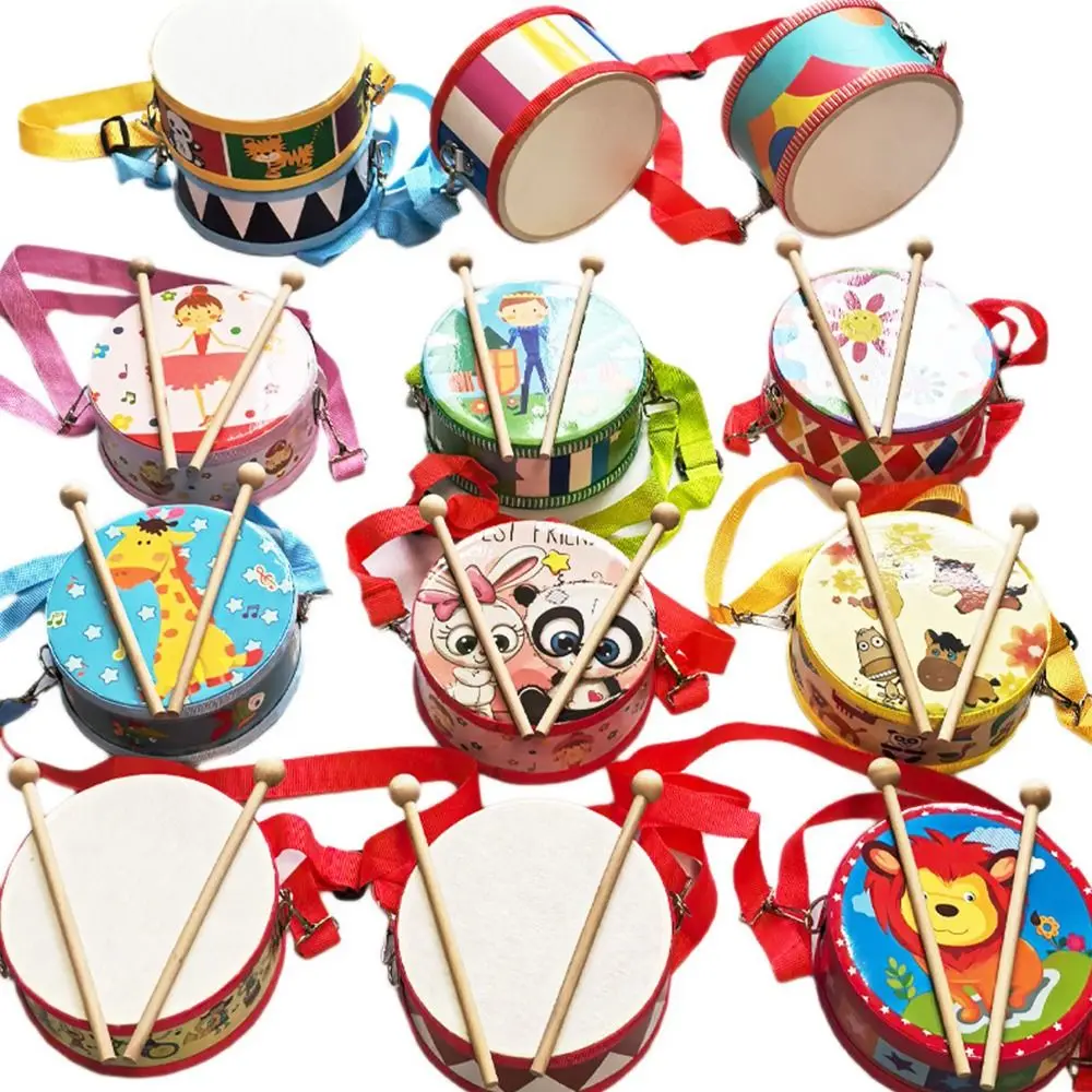 

Wooden Material Wooden Percussion Drum Toy Double Sided Animal Pattern Children's Drum Toy Carry Strap Drum Sticks