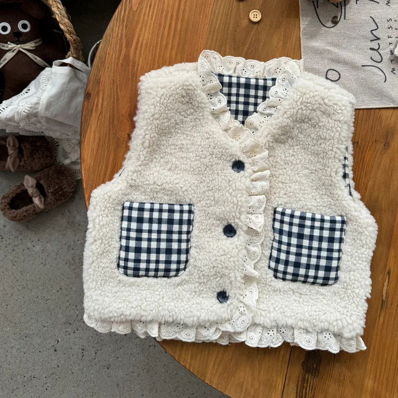 

2025 Autumn/Winter Children's New Rural Style Versatile Western Style Lace Grid Lamb Hair Vest
