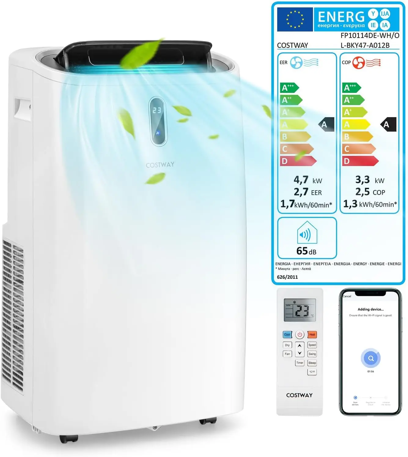 Climatiseur mobile 16000BTU avec tuyau d'échappement, climatiseur 5 en 1, radiateur soufflant 4700 W, avec mode veille, chauffage et refroidissement
