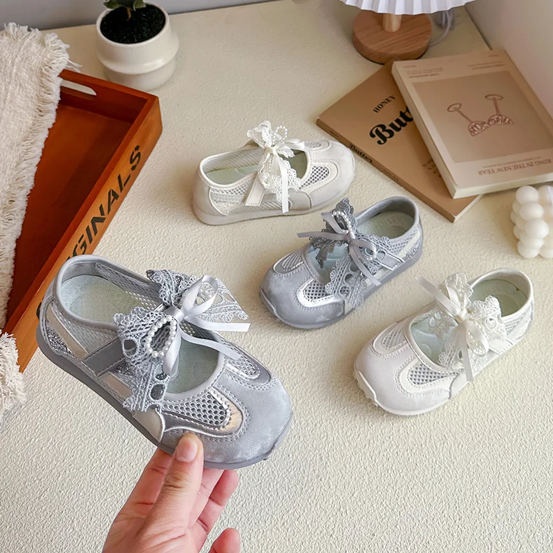 

Kids Girls Lace Bow Pearl Mary Jane Shoes Breathable Mesh Anti-slip Soft Sole Casual Princess Flats for Summer Party & Daily