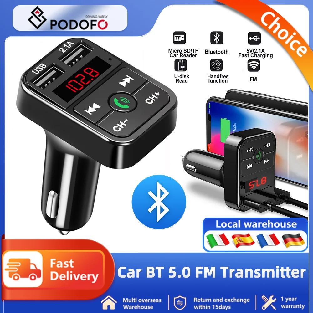 Podofo Dual USB Handsfree Wireless BT Car FM Transmitter Auto Radio MP3 Player USB 2.1A Car Charger Phone Charger