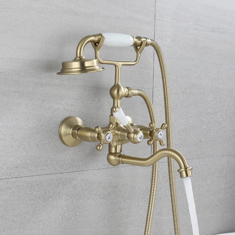 

Brushed Gold Bathroom Bathtub Faucet + Handheld Shower Set Gold Luxury BathTub Mixer Taps Wall Mounted Brass