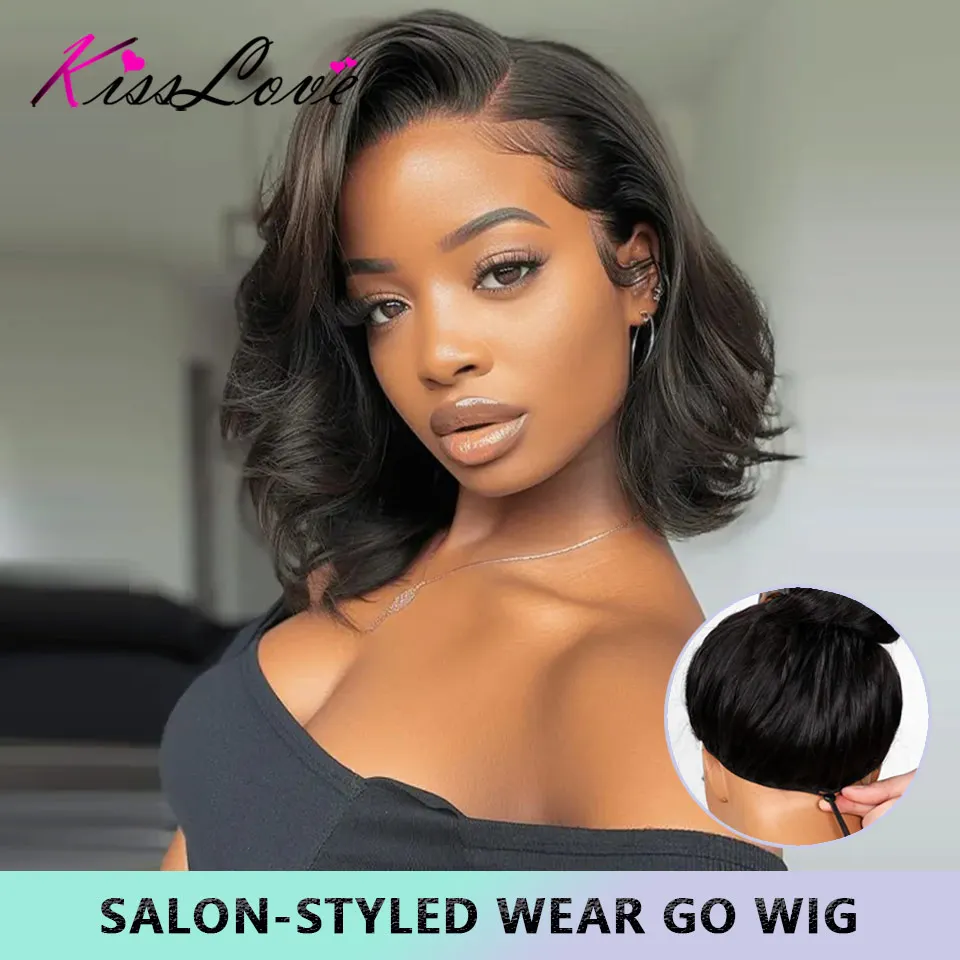 شعر مستعار بوب مموج مسبقًا من KissLove شعر مستعار بدون صمغ شعر بشري سحب والذهاب شعر مستعار بدون صمغ جاهز للذهاب جزء جانبي شعر مستعار قصير بوب