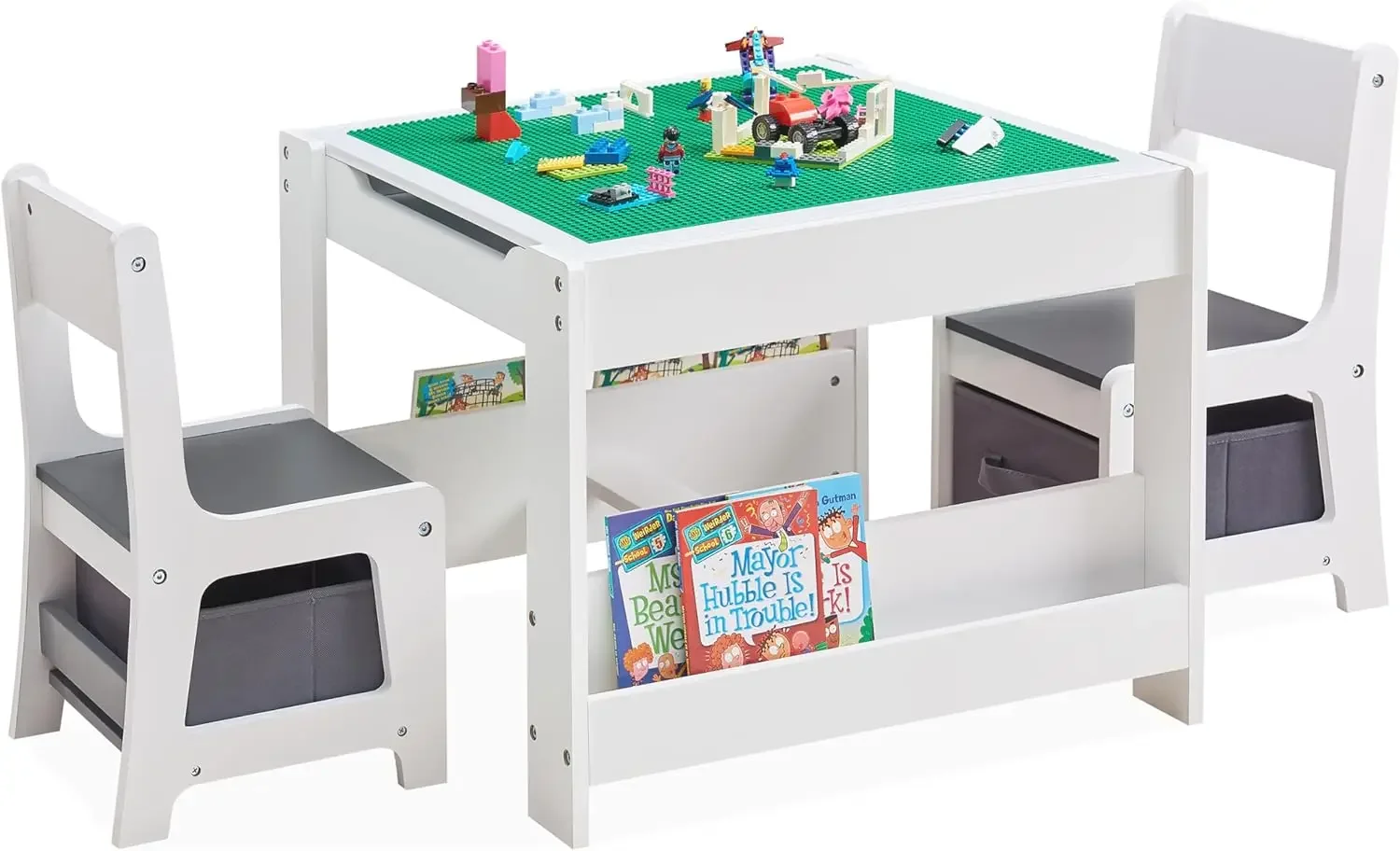 Kids Table and Chair Set, 3 in 1 Wooden Activity Table with Bookshelves and Storage Drawer, 2 in 1 Detachable Tabletop Construct