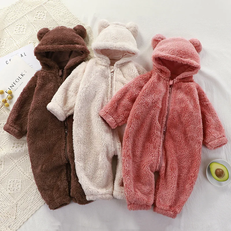 

Newborn Baby Autumn Winter Soft Flannel Romper Toddler Solid Hooded Zipper Warm One-piece Rompers Infant Playsuit Clothing