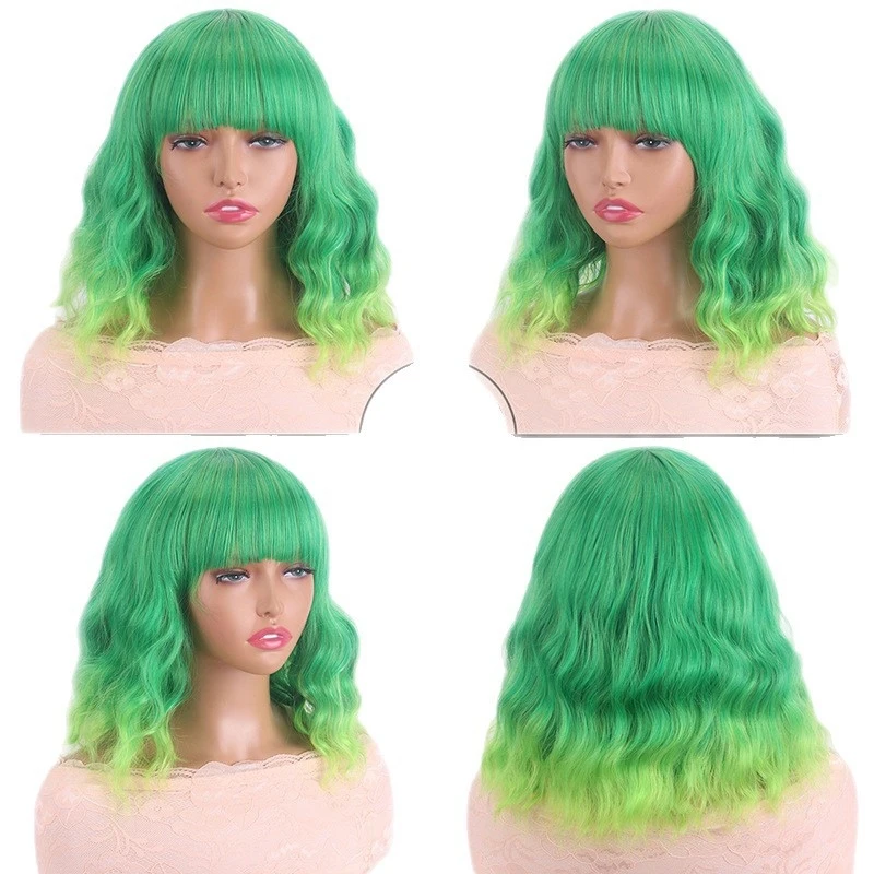 European and American style women's short curly hair wig with gradient green synthetic fiber