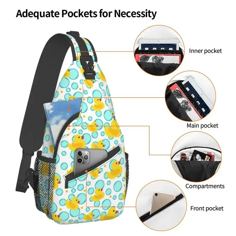 Fashion Yellow Rubber Ducks And Bubbles Sling Bag per ciclismo Camping Animal Crossbody Chest Backpack spalla Daypack