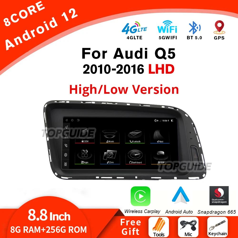 

TOPGUIDE Android 12.0 CarPlay для Audi Q5 2009-2016 LHD Автомобильный мультимедийный плеер IPS Сенсорный экран Навигация GPS 4G WiFi DSP Радио