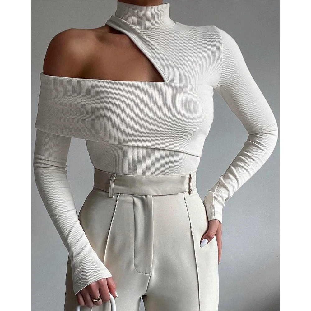 Cut Out Ribbed Knitted T-shirts for Women Solid One Shoulder Long Sleeve Turtle Neck Casual Streetwear Spring and Autumn