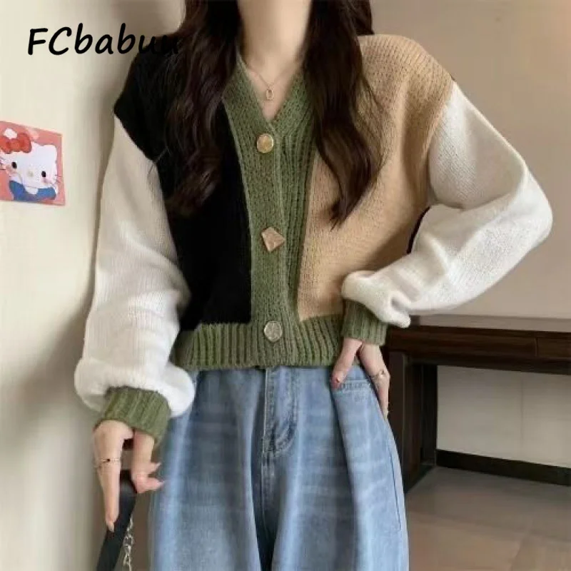 Chic Patchwork Colorful Sweater Cardigans for Woman Autumn Winter Short Coats V Neck Single Breasted Cropped Cardigan Tops