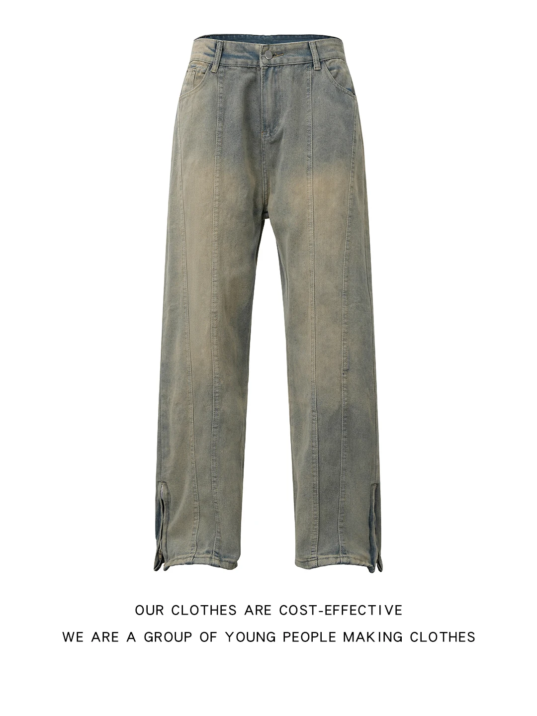 

Washed Distressed Side Zipper Men's Jeans Casual Straight Leg Long Pants High Street Vibe Wide Leg Winter Fashion Brand