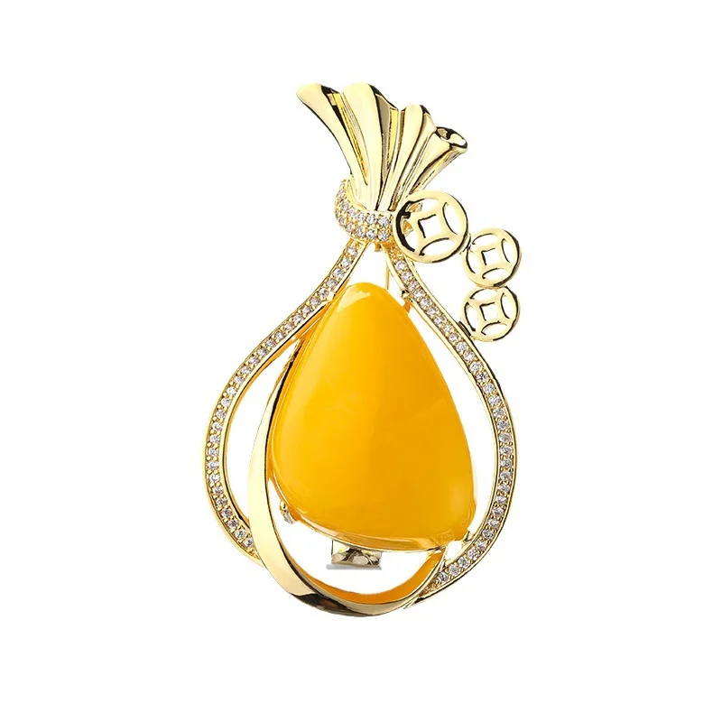 Fashion Unique Money Bag Brooch Female Retro Personality Temperament Corsage Exquisite Design Pin Yellow Stone Jewelry