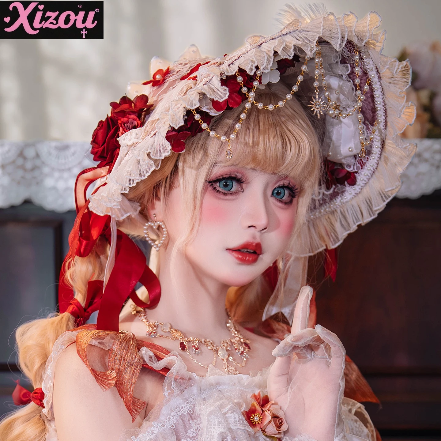 ロリータ風小物帽子ネックレス手袋ヘアアクセサリーフラワーウェディングネックヘッドドレスBntフラットハット女性用