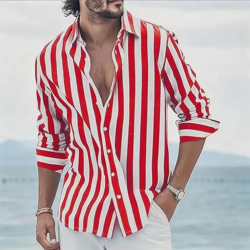 2025 new men's long-sleeve blue striped printed shirt, elegant classic stylish top for men's social high-end Hawaiian style.