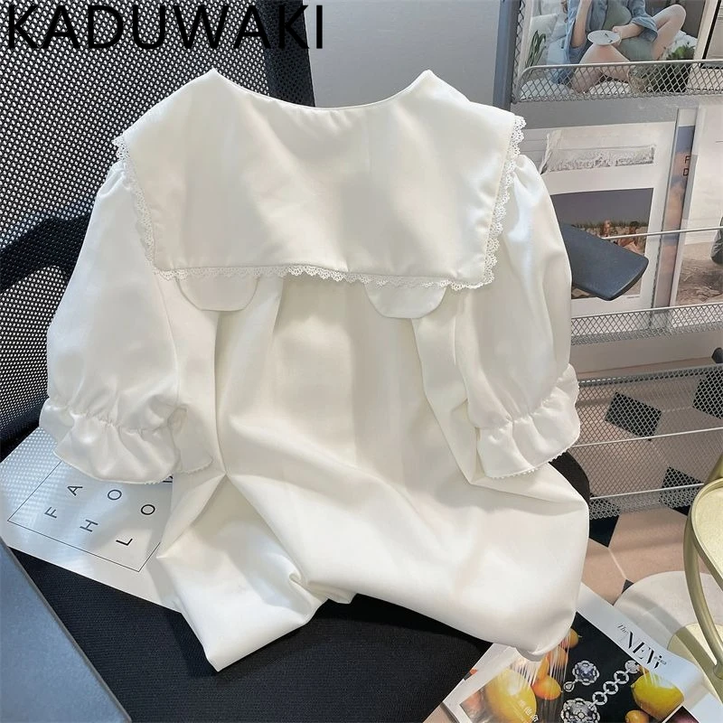 

Cute Lace Rabbit Ear Peter Pan Collar Blouse Women Summer Loose Half Sleeve Shirts Chic Aesthetic Single Breasted Casual Blusas