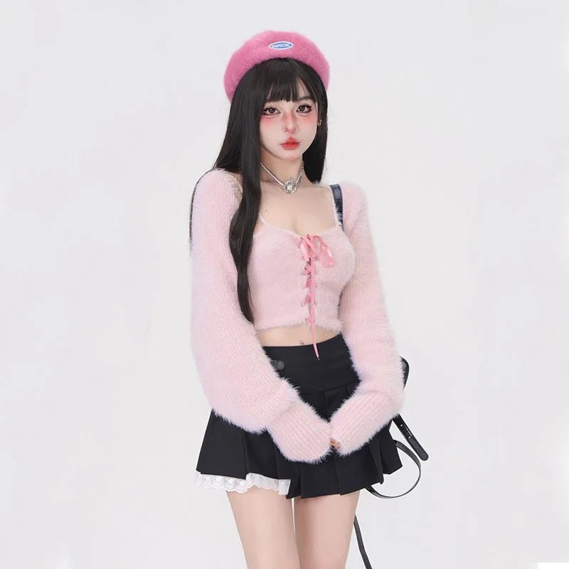 Knitted Pink Set for Women, Long Sleeve, Short Crop, Cardigan, Sleeveless Tank Top, Bandage Y2k Aesthetic T Shirts, Kawaii Fashi